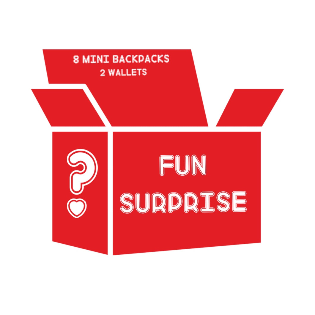 Surprise Fun Box of 8 Mini Backpacks and 2 Mystery Wallets