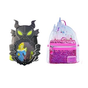 Loungefly Sleeping Beauty's Celebration Castle and Loungefly Maleficent Dragon Toyz N Fun Exclusive Mini Backpack Bundle
